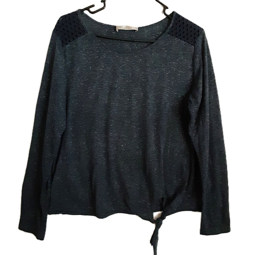 Lee Riders Blouse Size L Pullover Blue Long Sleeve Boat Neck Knot Front